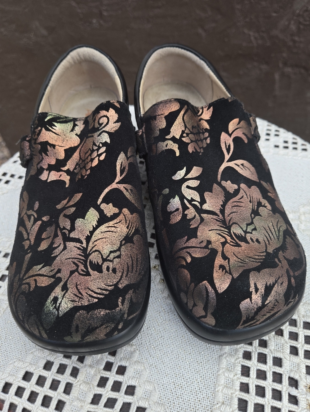 Alegria Slip-On Clogs with Iridescent Rose Gold Floral Pattern